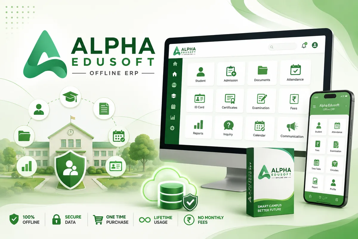 Alpha Edusoft ERP student management module — GR, LC, and ID cards