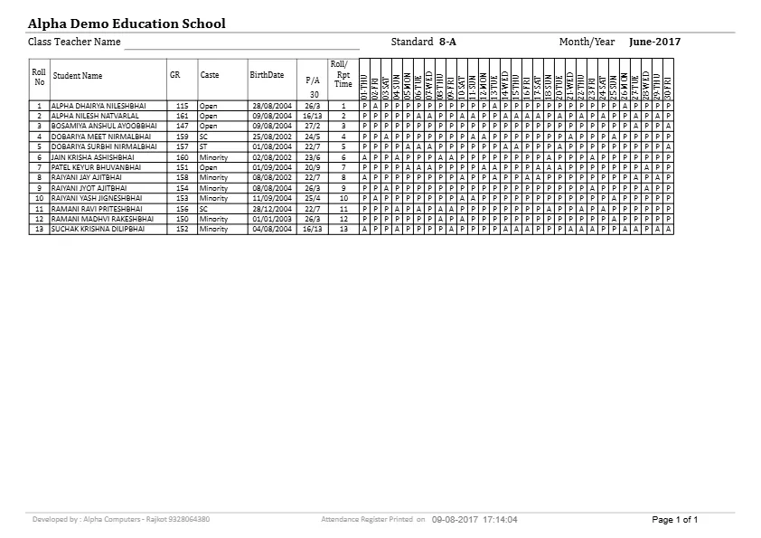 Class attendance register